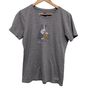 LIFE IS GOOD Woman’s Best Friend Dog & Beer Short Sleeve Gray T Shirt. Size M